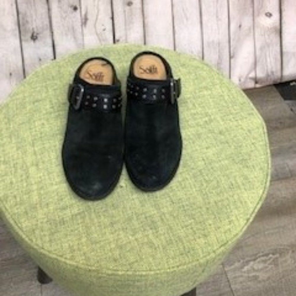 Sofft Black suede clogs with belt strap detail. Size 8